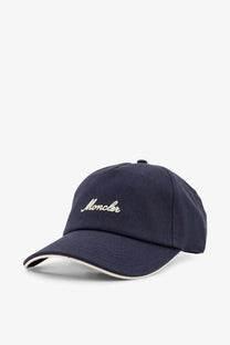 Navy blue Moncler men’s cotton baseball hat with cream embroidered logo and matching trim in grey style