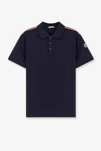 Navy blue Moncler men’s cotton polo shirt with red and white striped shoulder accents and circular sleeve logo