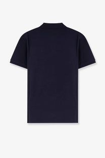 A sleek navy blue moncler men’s cotton polo shirt with short sleeves and a classic collar featuring a minimalist design