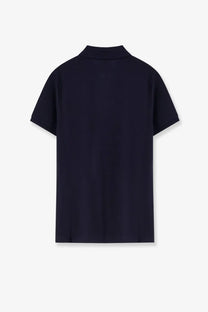 Moncler men’s navy blue cotton polo shirt with short sleeves classic collar and subtle stitching details