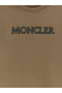 Beige moncler cotton crewneck t-shirt with black embroidered logo for men styled with blue product details