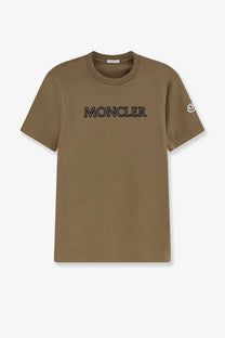 Moncler men’s cotton short-sleeved khaki t-shirt with black embroidered logo and circular brand patch on the sleeve