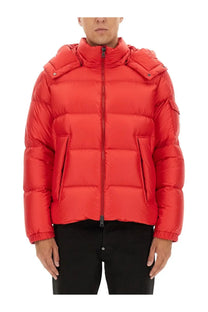 Moncler men’s bright red down puffer jacket couyere with hood quilted design and front zipper