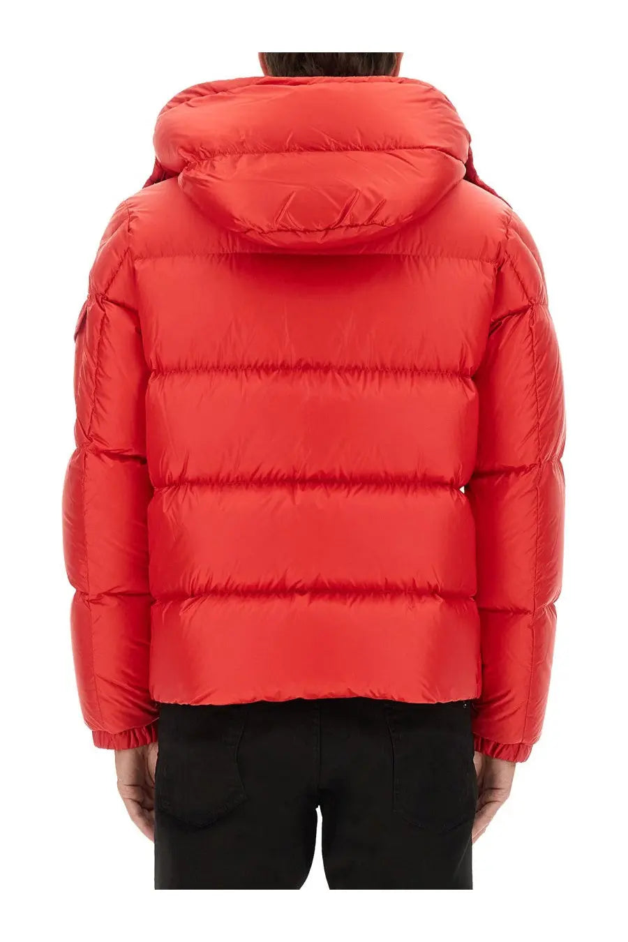 Moncler men’s bright red down puffer jacket couyere with quilted design and hood for cold weather