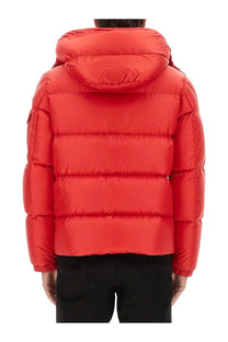 Moncler men’s bright red down puffer jacket couyere with quilted design and hood for cold weather