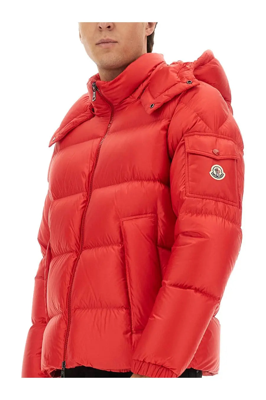 Moncler men’s red down jacket couyere with quilted design hood and logo patch on left chest