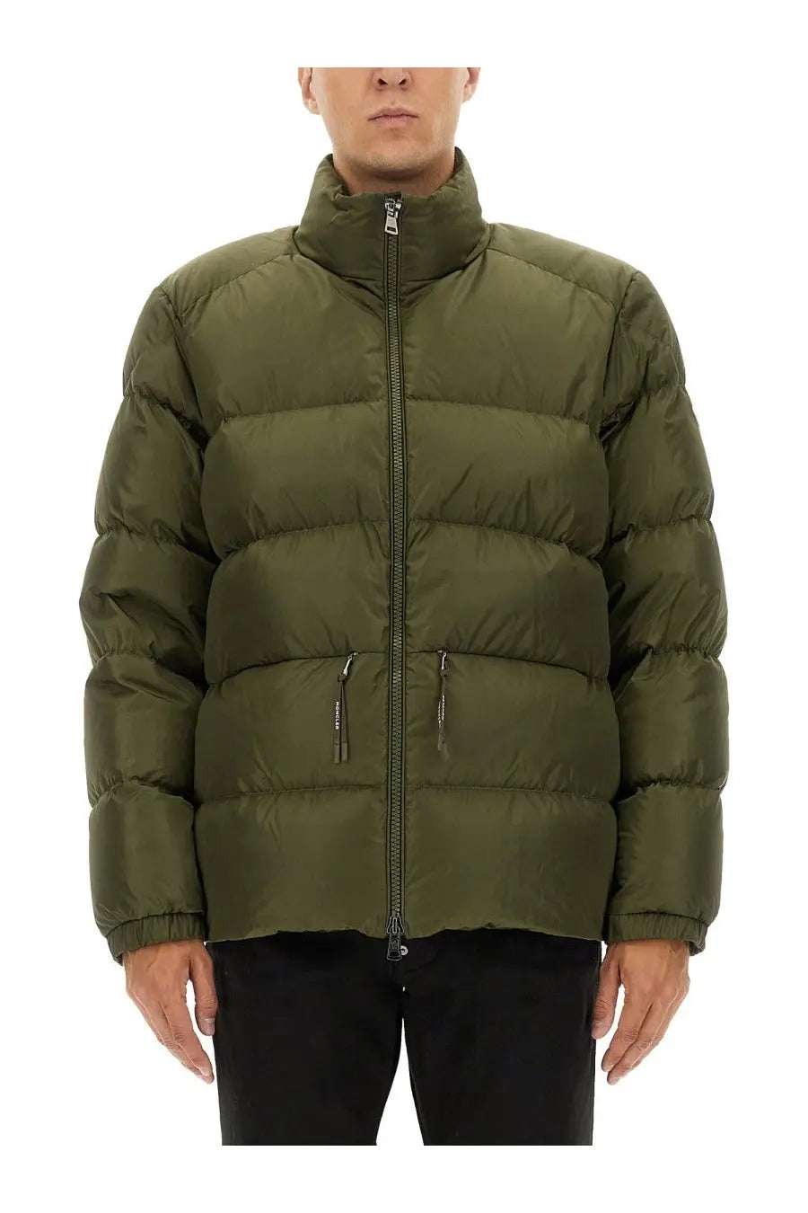 Moncler men’s down jacket tuileries green in olive green quilted puffer with high collar and front zipper
