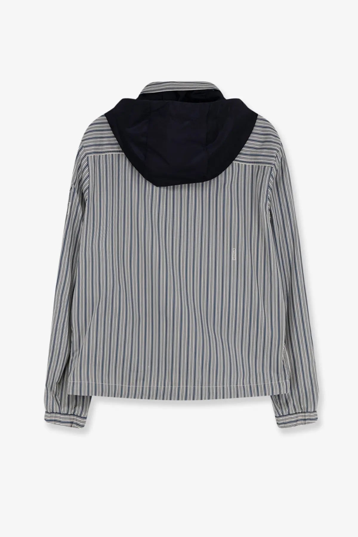 Moncler men’s havas striped cotton jacket in black and white with vertical stripes and solid black hood lining