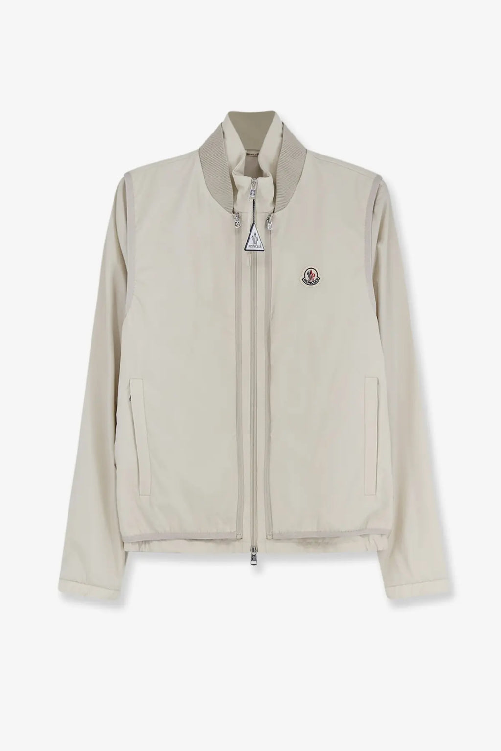 Moncler men’s Hemmoor jacket white beige with ribbed collar front zipper and logo on chest in a lightweight material