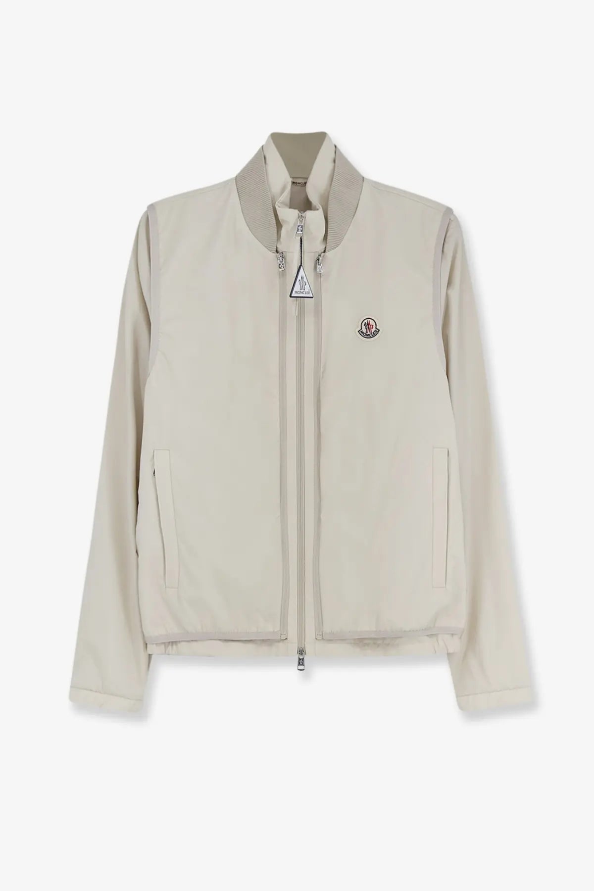 Moncler men’s Hemmoor jacket white beige with ribbed collar front zipper and logo on chest in a lightweight material