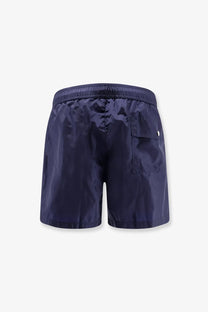Moncler men’s nylon swim shorts in navy blue with a subtle sheen and elastic waistband for lightweight comfort