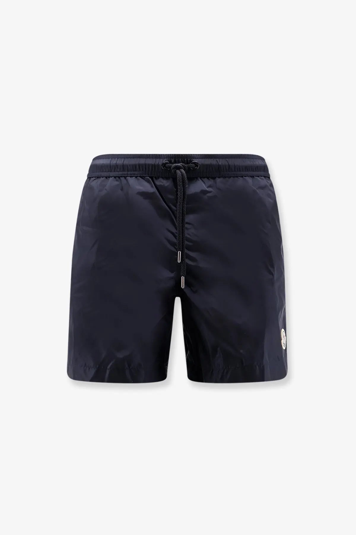 Moncler men’s dark navy nylon swim trunks with drawstring waistband and subtle side logo for swimming and beachwear