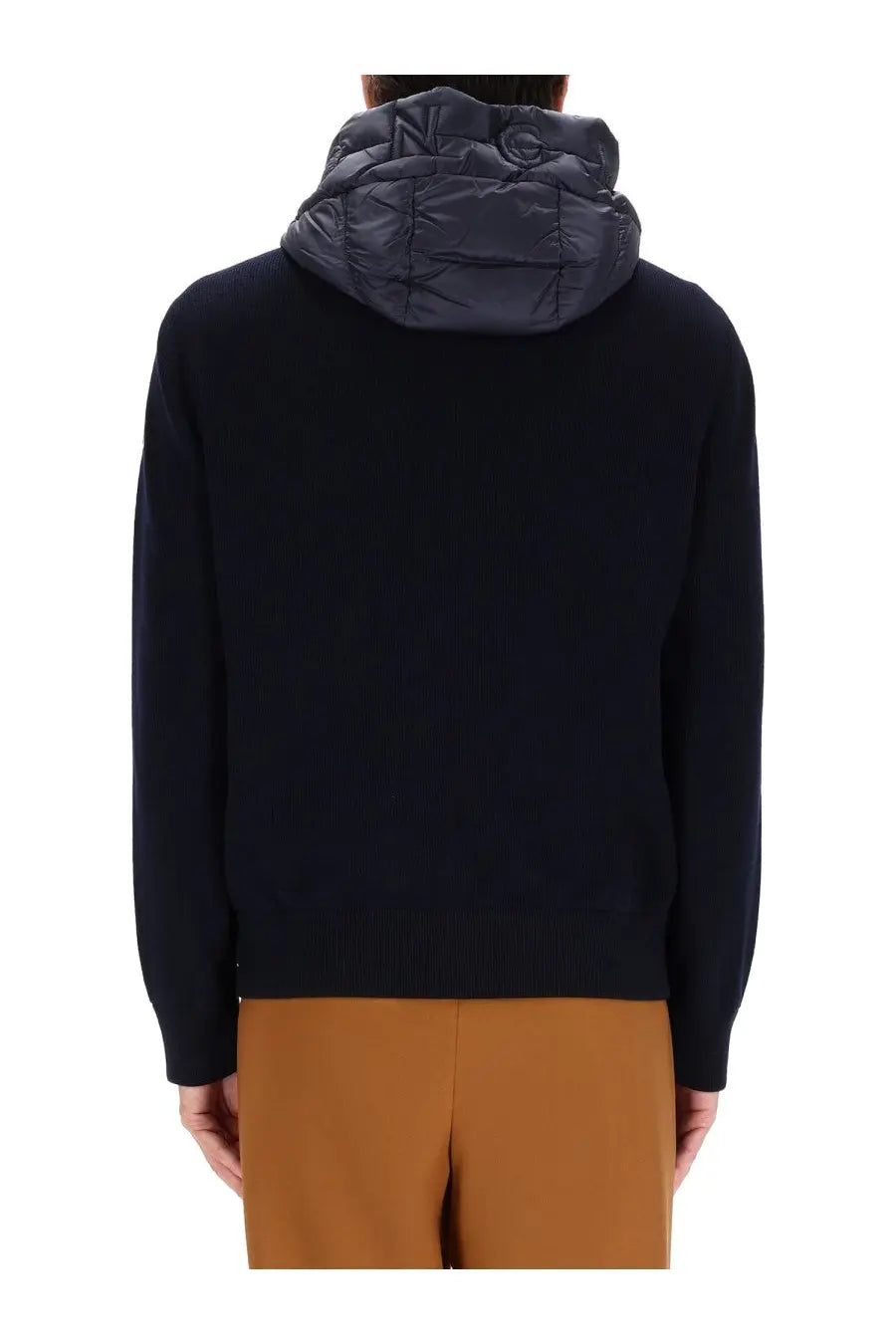 Black puffer hooded sweater with quilted insulated lining shown from the back in Moncler Men’s Padded Cardigan Grey