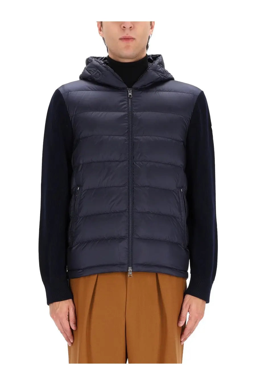Moncler men’s padded cardigan grey with dark navy quilted puffer vest and contrasting black knit sleeves and hood