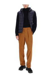 Moncler men’s padded cardigan grey with navy blue quilted hooded vest and black long sleeves with ribbed collar