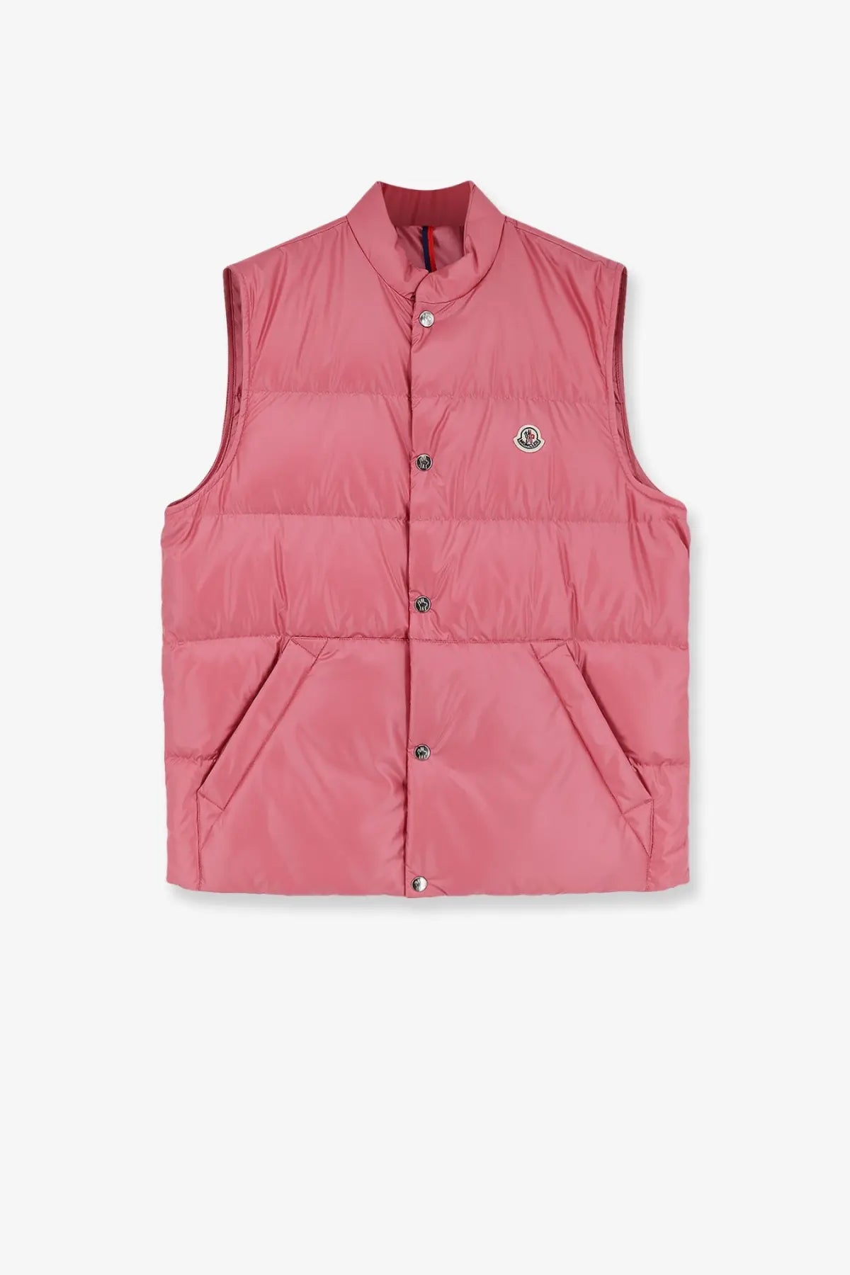 Moncler men’s restigo pink quilted sleeveless down jacket with stand-up collar and front button closure