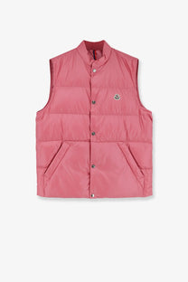Moncler men’s restigo pink quilted sleeveless down jacket with stand-up collar and front button closure