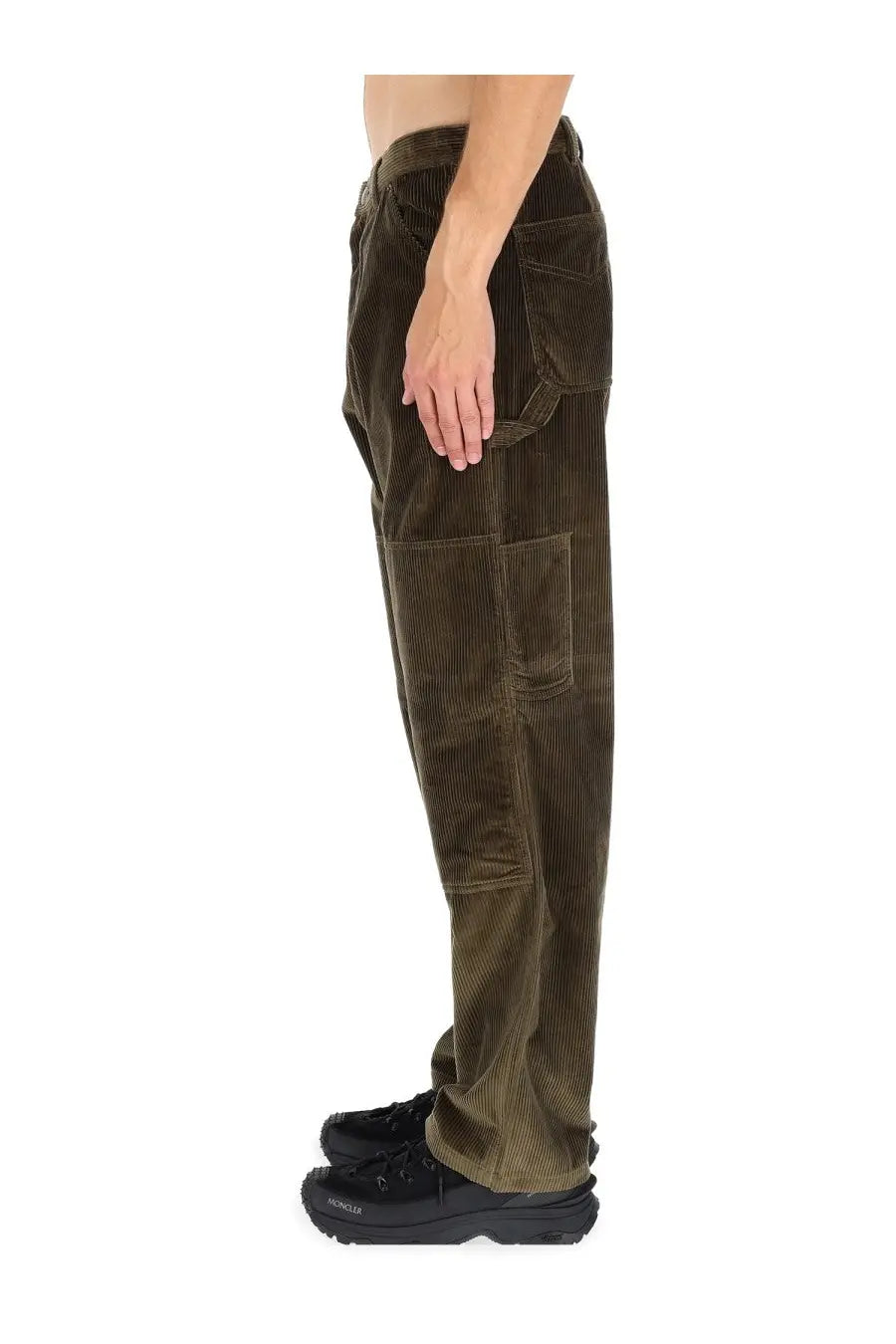 Moncler men’s dark olive ribbed corduroy cargo pants with multiple pockets and a relaxed fit