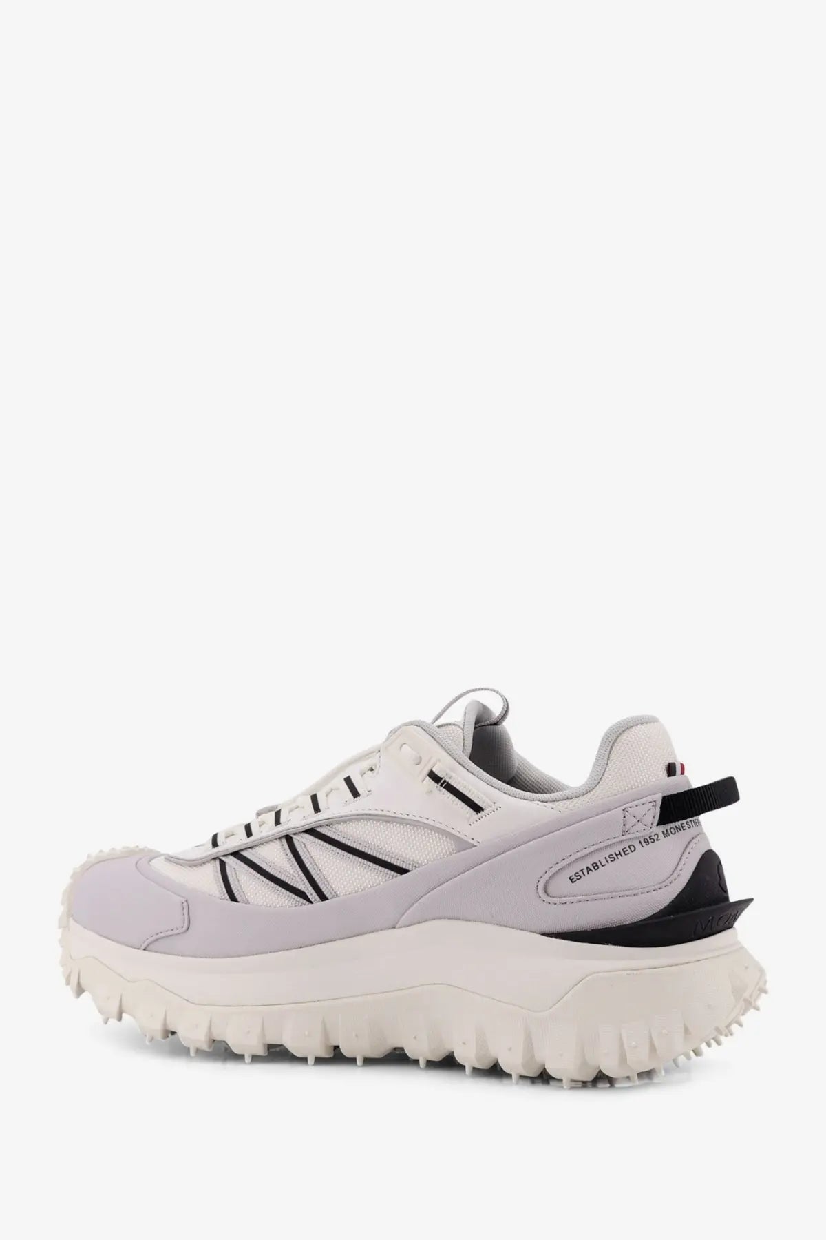 Moncler men’s trailgrip gtx leather and ripstop sneakers in white with light gray mesh upper and chunky black sole