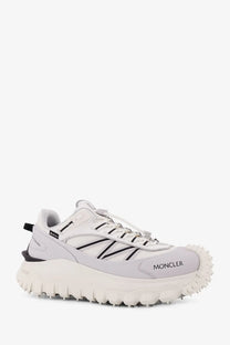 Moncler men’s trailgrip gtx leather and ripstop hiking sneaker in white with black accents and rugged textured sole