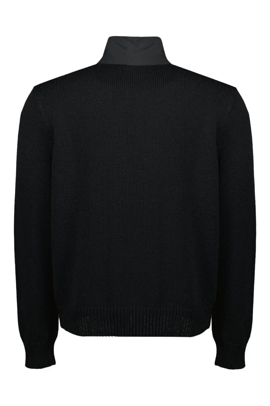 Moncler men’s zippered cardigan black ribbed knit sweater with contrasting dark gray stand-up collar
