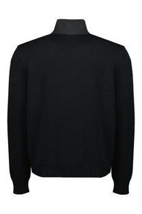 Moncler men’s zippered cardigan black ribbed knit sweater with contrasting dark gray stand-up collar