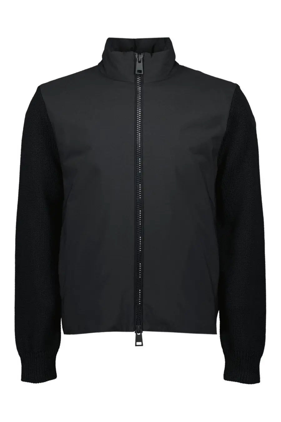Moncler men’s zippered cardigan black with contrasting ribbed knit sleeves and sleek modern design