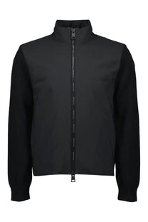 Moncler men’s zippered cardigan black with contrasting ribbed knit sleeves and sleek modern design