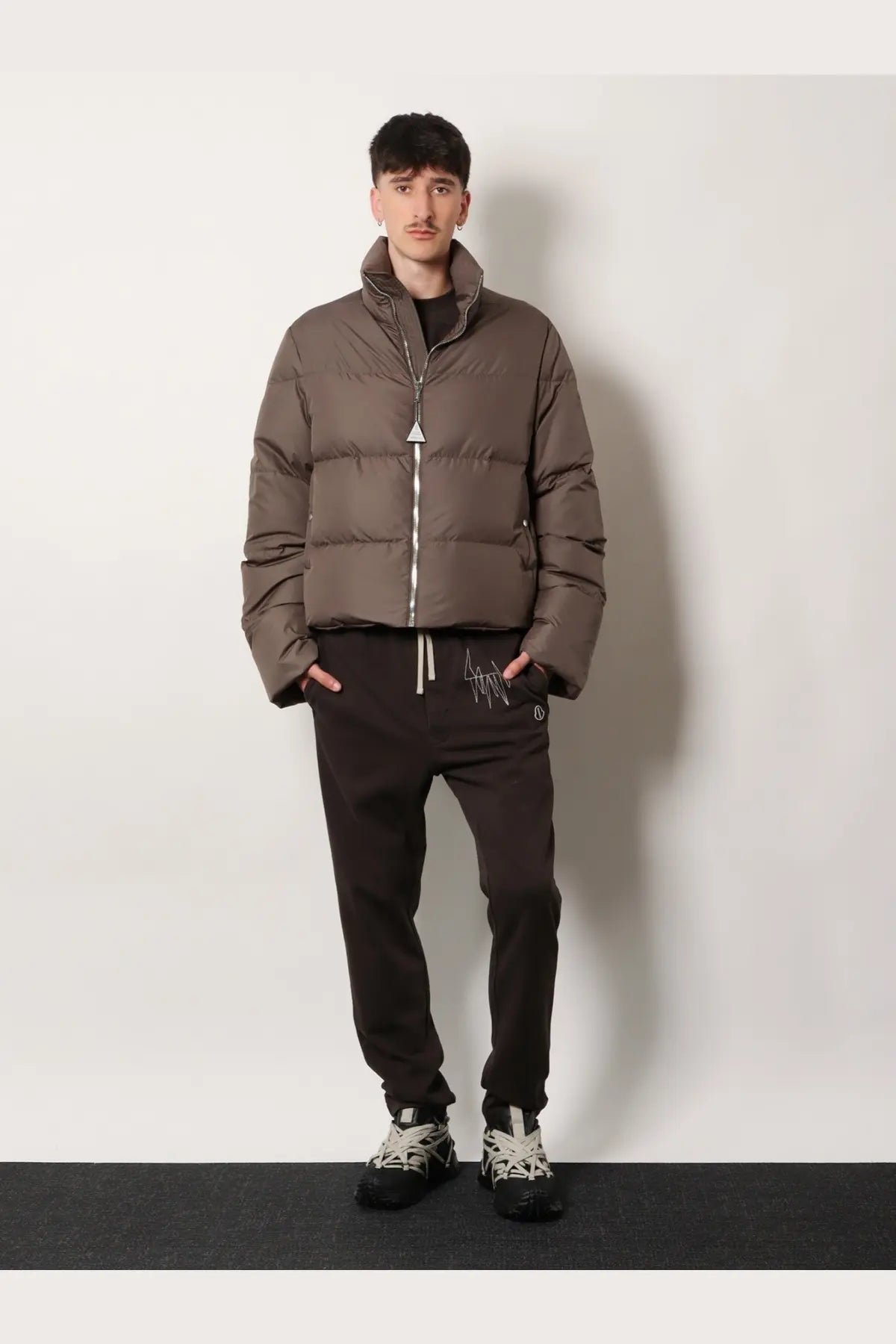 Moncler rick owens men’s cyclopic grey nylon down jacket with quilted design and silver zipper