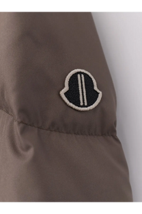 Brown moncler puffer jacket with black and white embroidered logo patch in nylon down material for men