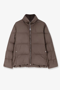 Brown puffer jacket with high collar quilted design and silver zipper in moncler rick owens men’s cyclopic grey nylon down jacket