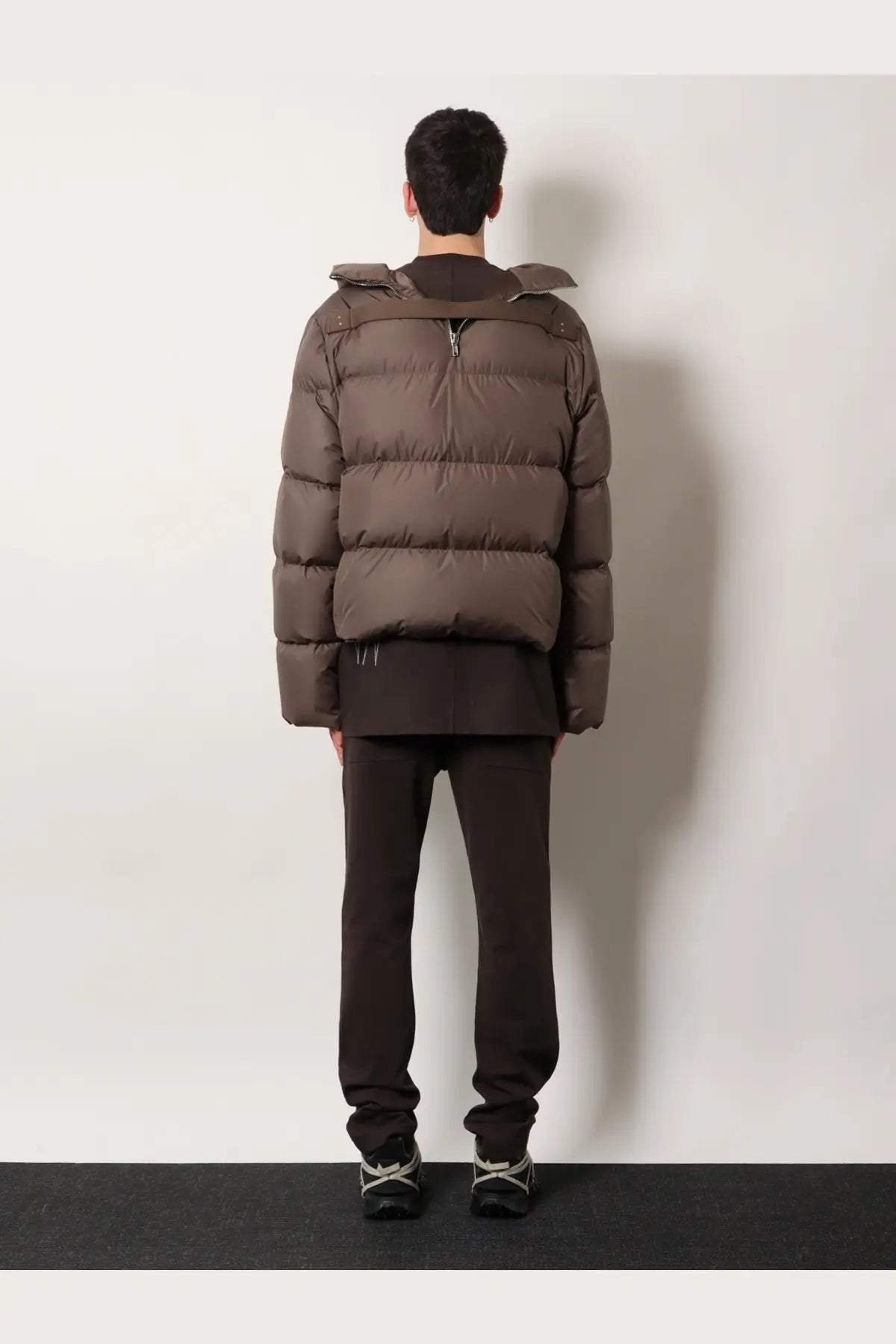 Brown puffer jacket with quilted design and hood in moncler rick owens mens cyclopic grey nylon down jacket