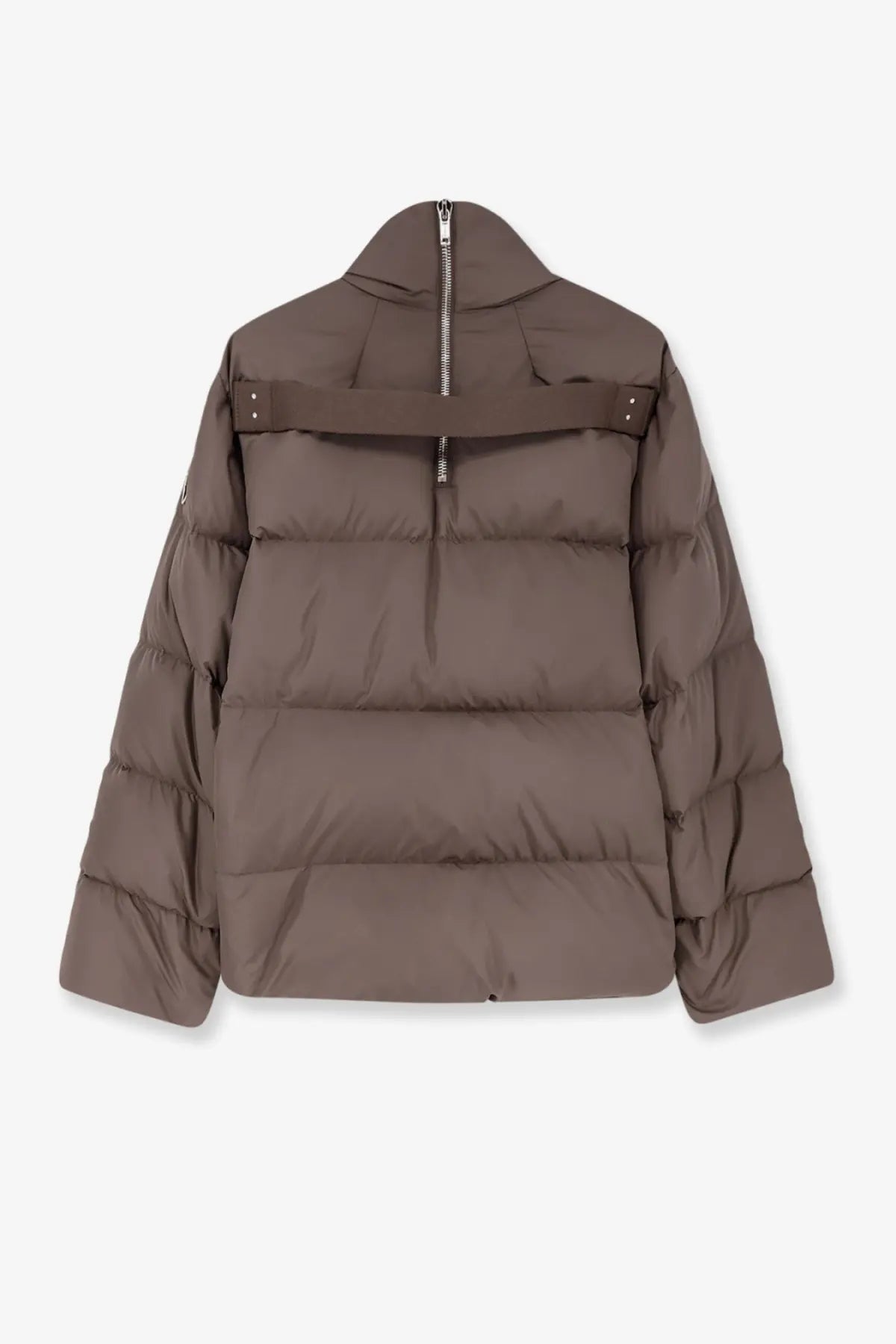 Back view of moncler and rick owens men’s cyclopic nylon down jacket in grey with taupe puffer and strap detail