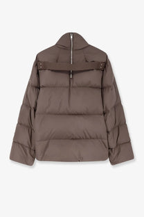 Back view of moncler and rick owens men’s cyclopic nylon down jacket in grey with taupe puffer and strap detail