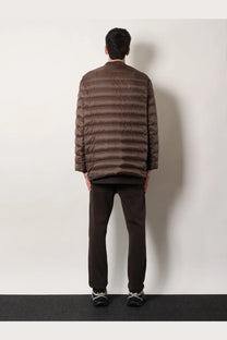 Moncler + Rick Owens men’s grey quilted flight parka down jacket with horizontal stitching and stand-up collar
