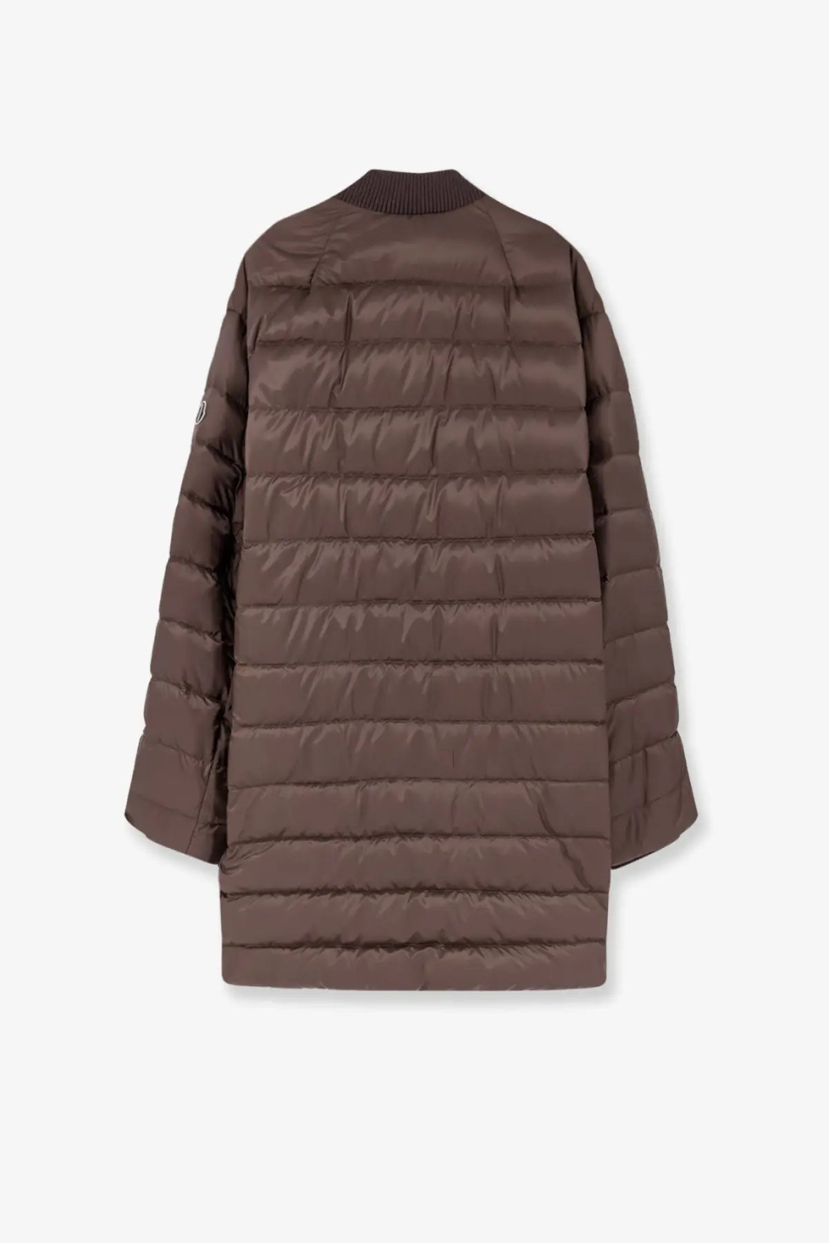 Brown quilted puffer coat with ribbed collar and subtle logo on sleeve in moncler rick owens men’s flight parka down jacket gray