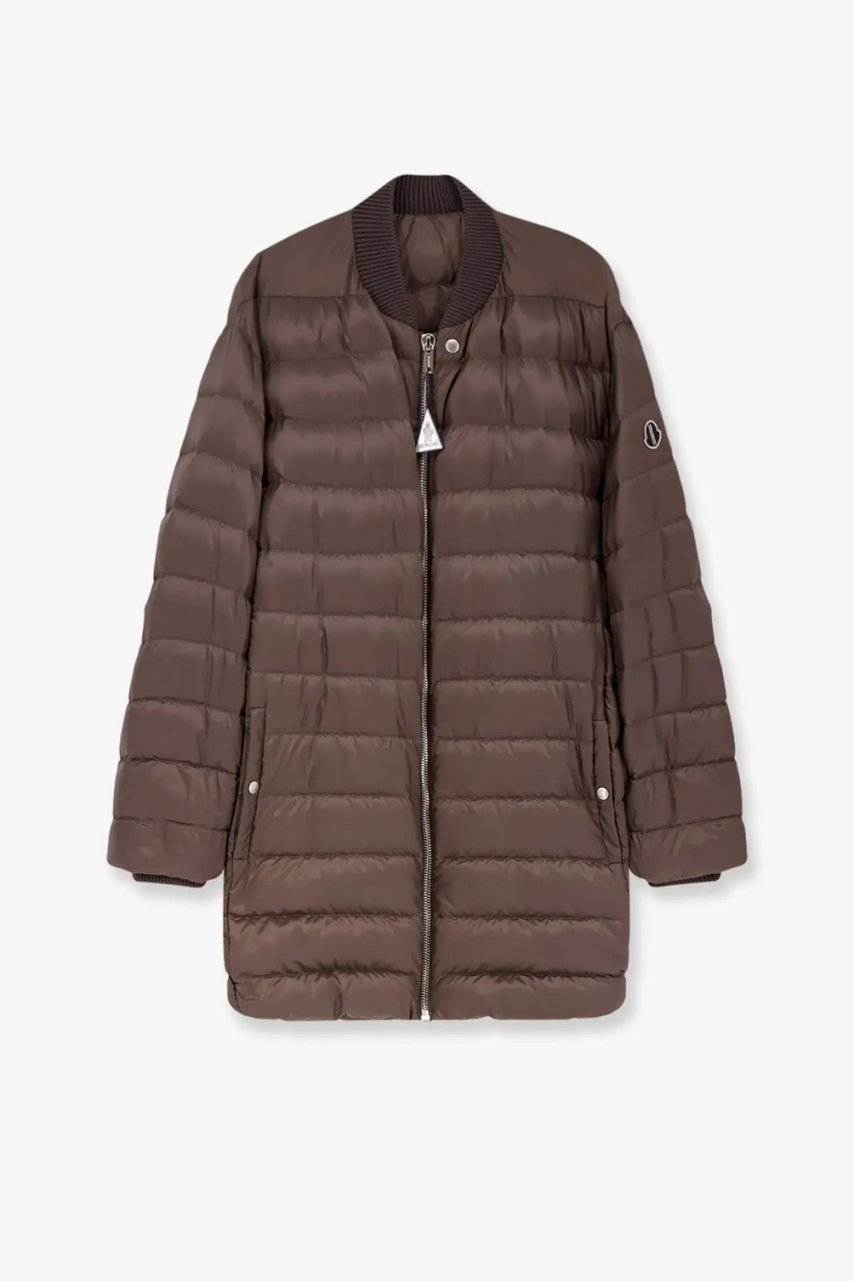 Brown quilted puffer jacket with ribbed collar and cuffs in men’s moncler rick owens flight parka down jacket grey