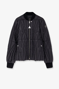 Moncler Rick Owens men’s black quilted bomber jacket with geometric diamond pattern silver zipper and button accents