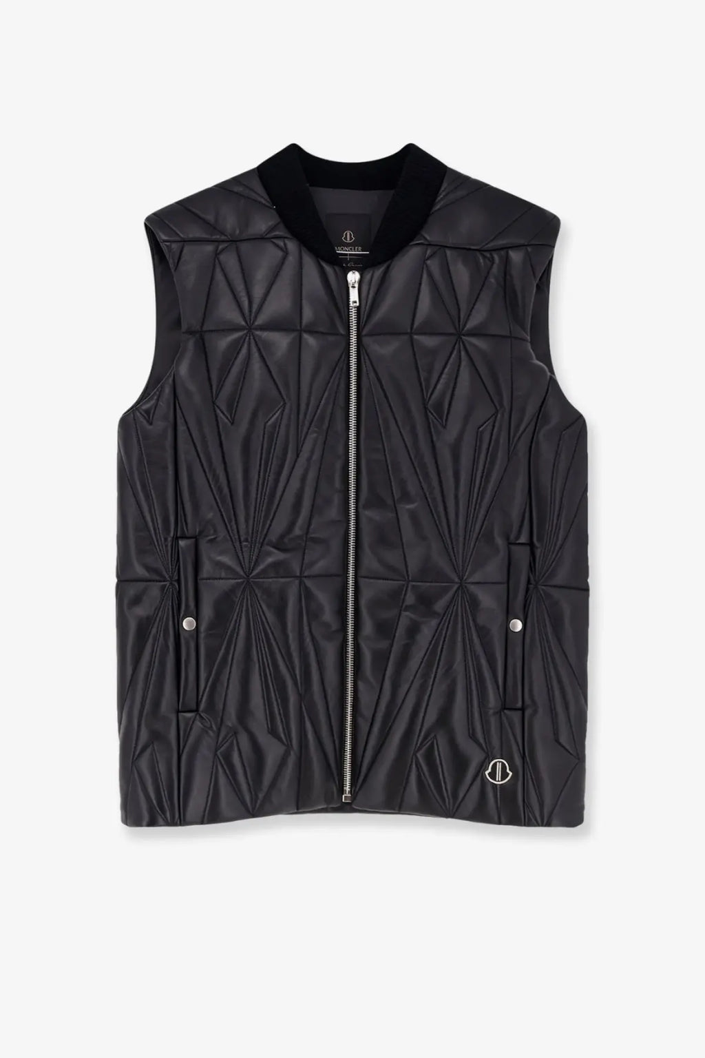 Moncler rick owens men’s black quilted leather vest with geometric pattern and silver zipper front closure