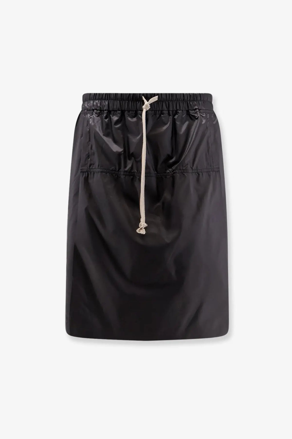Moncler rick owens men’s black nylon kiltshorts with elastic waistband and beige drawstring front view