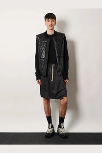 Black quilted leather vest with structured geometric pattern from moncler plus rick owens men’s kiltshorts black