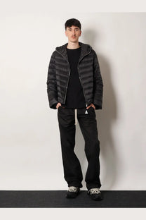 Black moncler + rick owens men’s zip lock hooded down jacket with quilted design and silver zipper accents