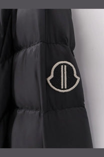Black moncler and rick owens men’s zip lock hooded down jacket with white embroidered logo patch on sleeve