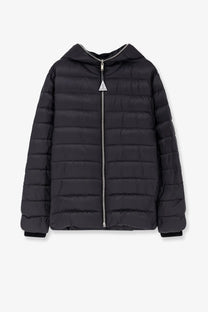 Black quilted hooded puffer jacket with silver zipper and triangular Moncler Rick Owens logo on the front
