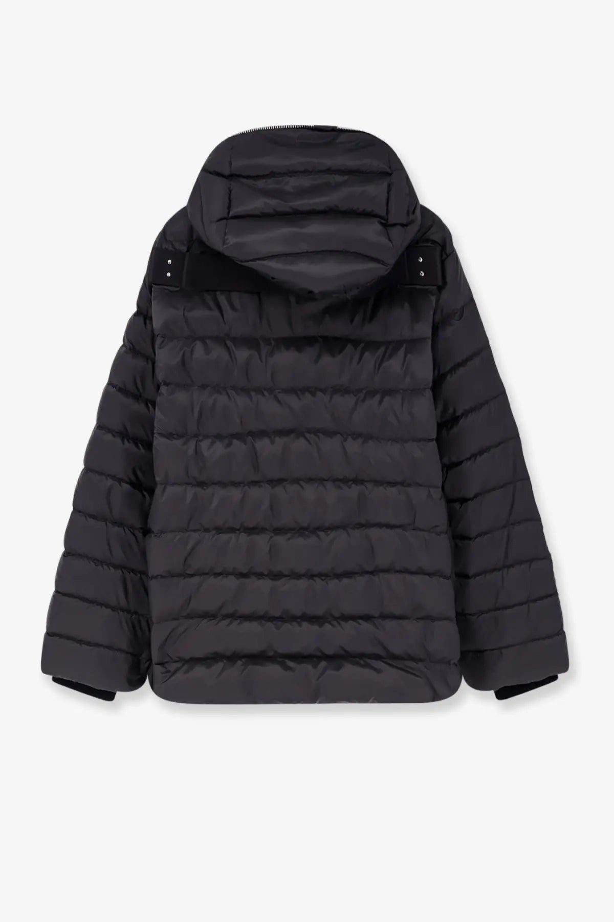 Moncler + Rick Owens men’s black quilted puffer jacket with hood and subtle stitching details