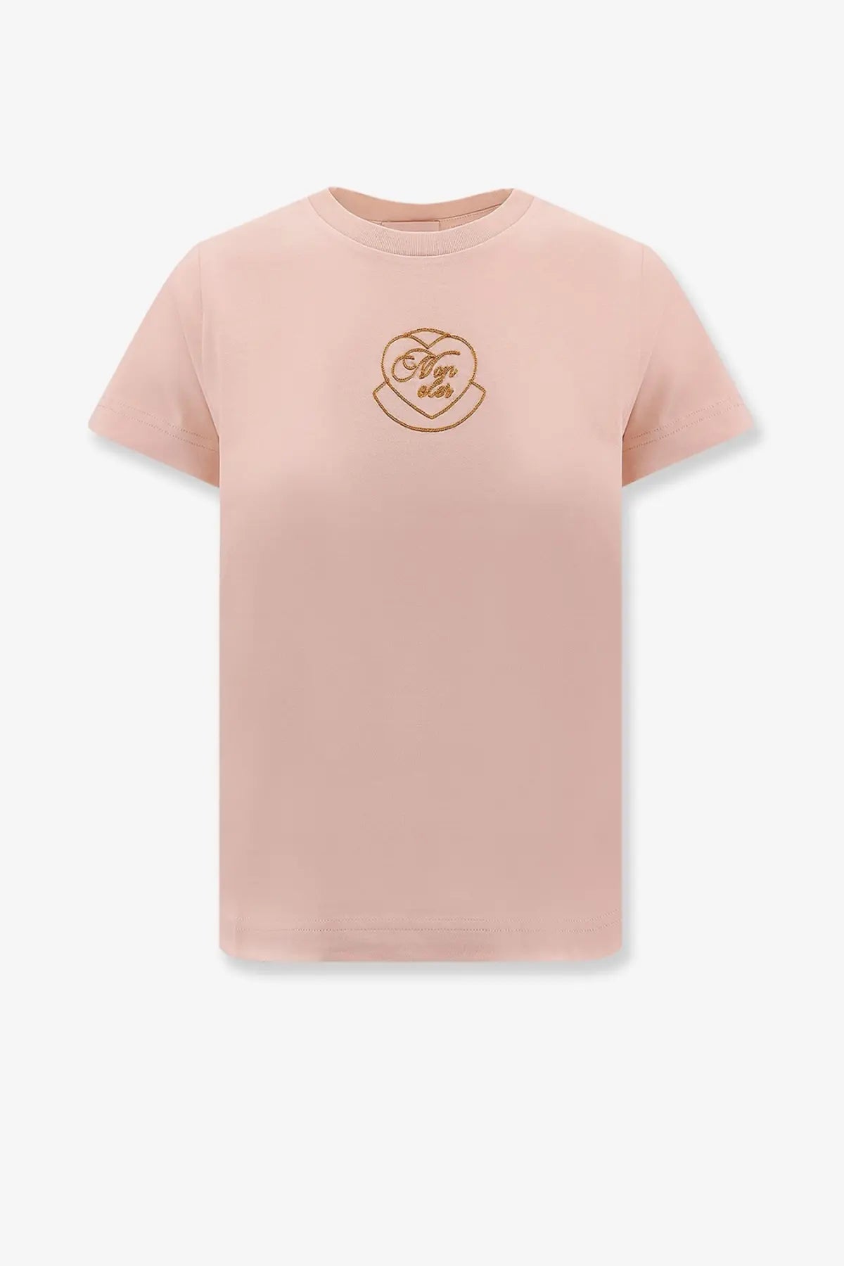 Moncler women’s soft blush pink biologic cotton t-shirt with short sleeves and gold embroidered heart logo on chest