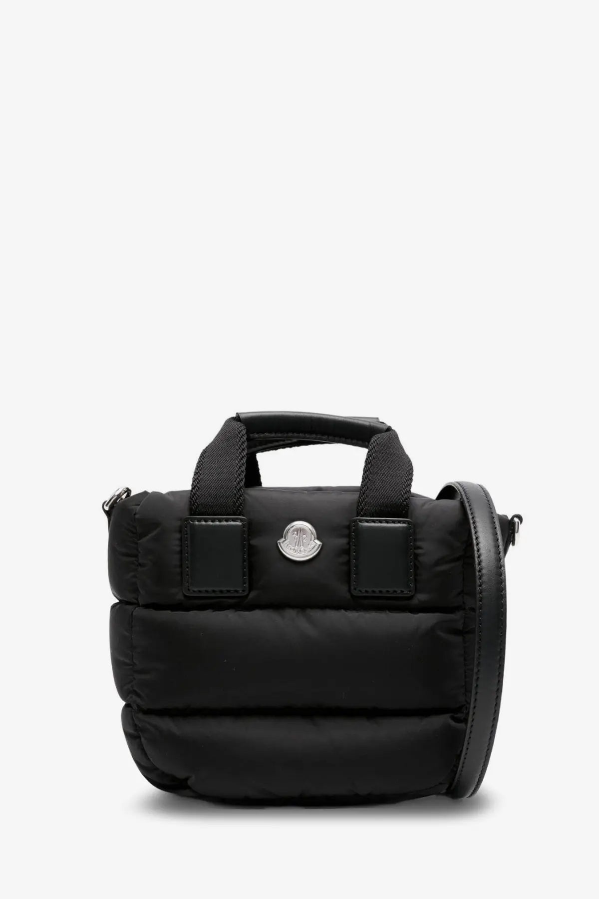 Moncler women’s caradoc micro nylon shoulder bag black quilted puffer style with silver logo plaque and leather strap