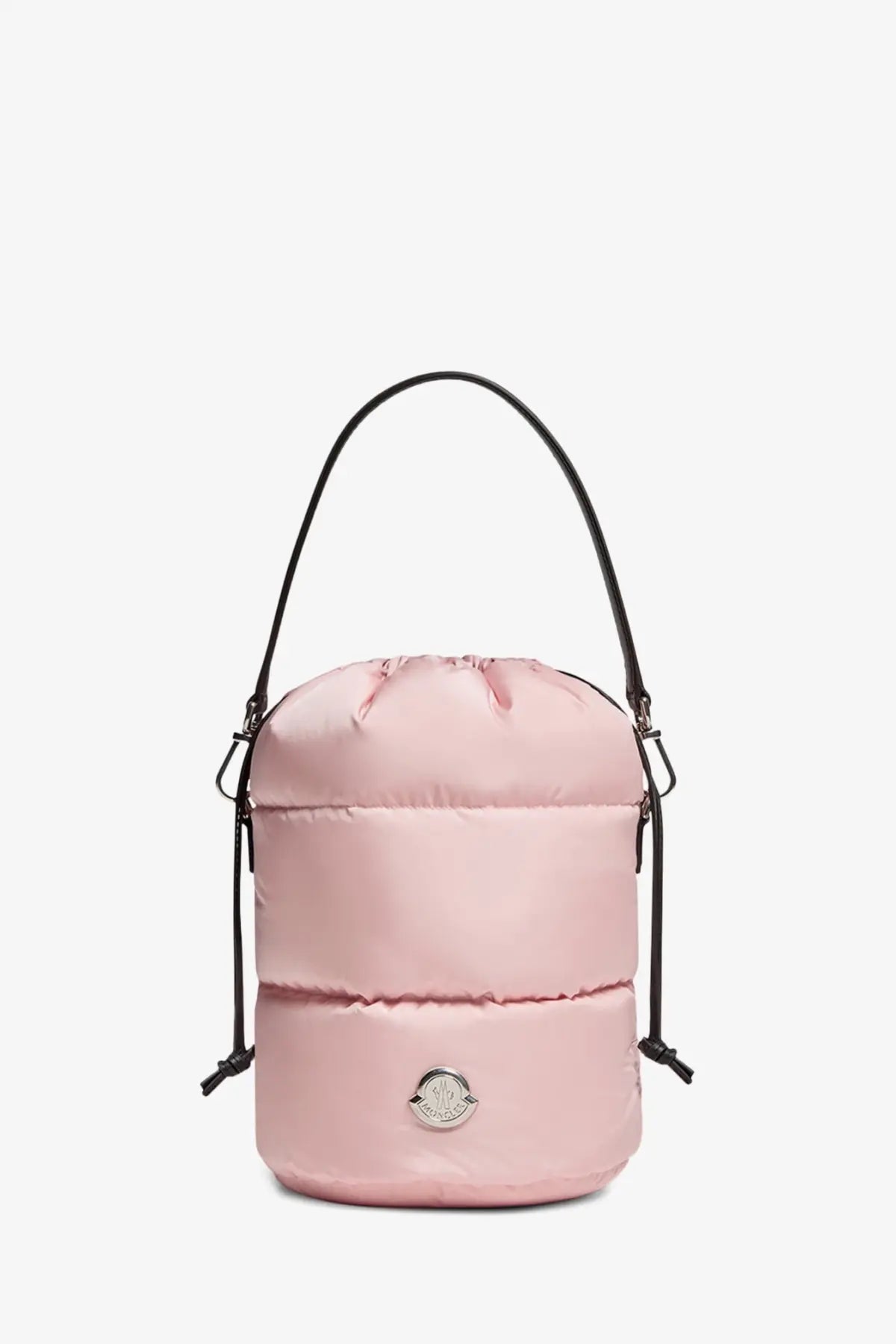 Moncler women’s pink nylon caradoc bucket bag with black handle drawstring closure and metallic logo plaque