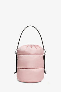 Moncler women’s caradoc pink quilted nylon bucket bag with black drawstring handle and hardware