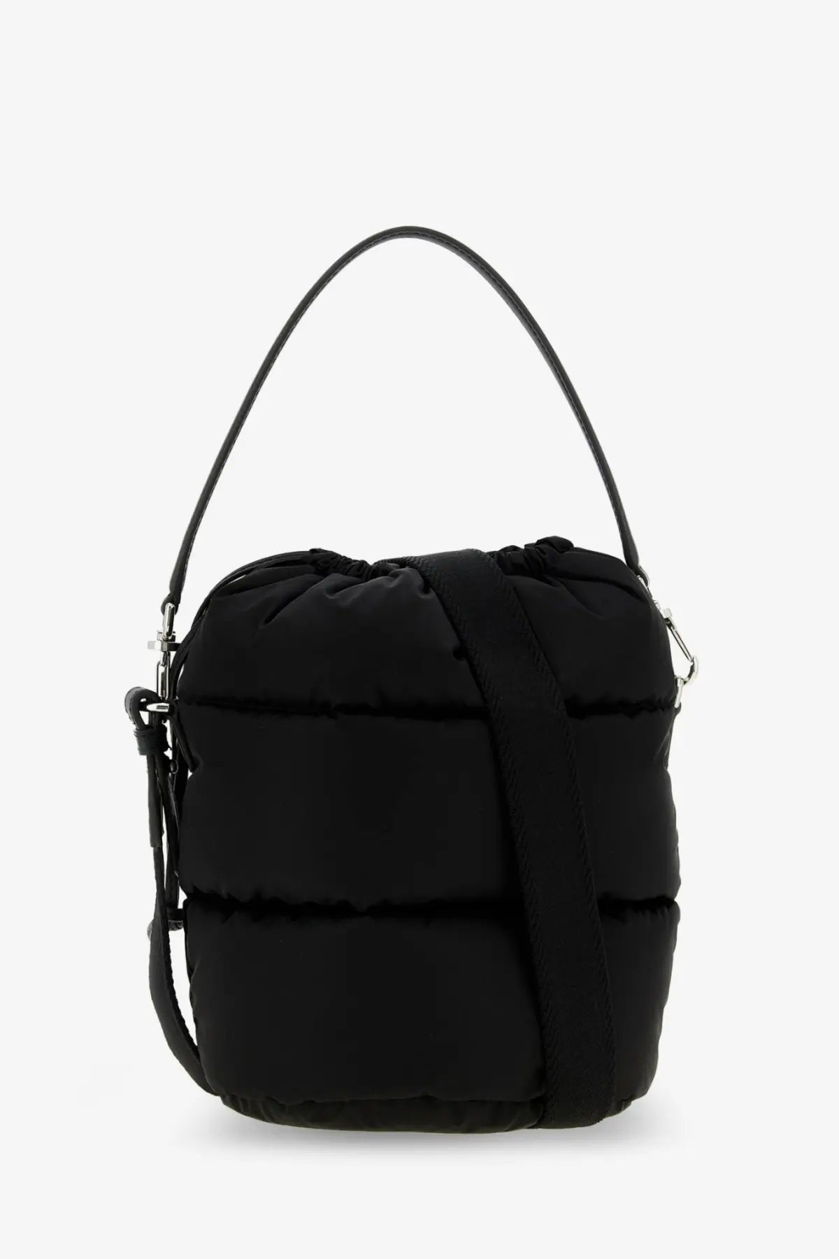Moncler women’s black nylon caradoc bucket bag with drawstring top and adjustable shoulder strap